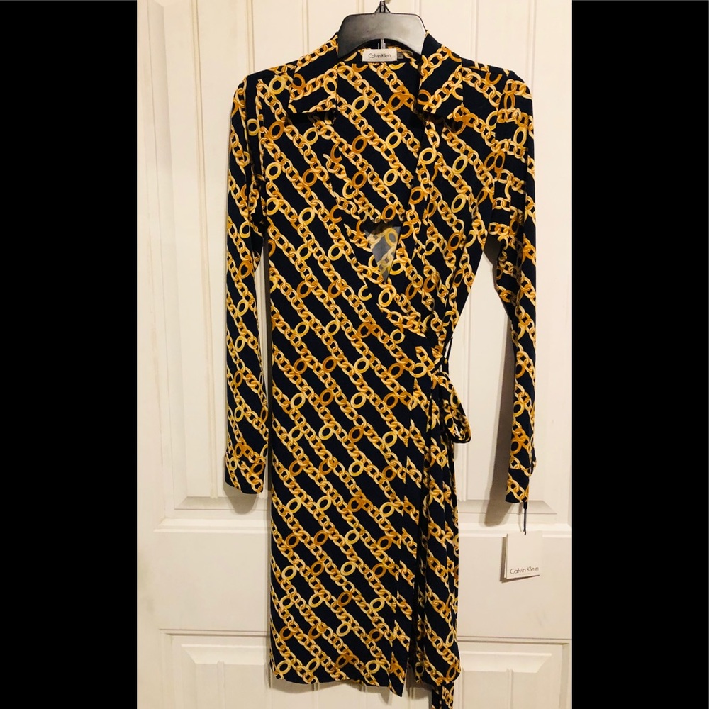 Calvin Klein Navy and Gold Wrapped Dress Size 6